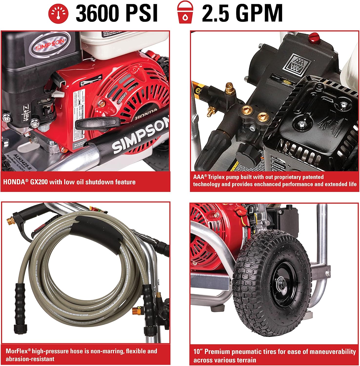 SIMPSON Cleaning ALH3425 Aluminum Gas Pressure Washer, 3600 PSI, Honda GX200 A877263