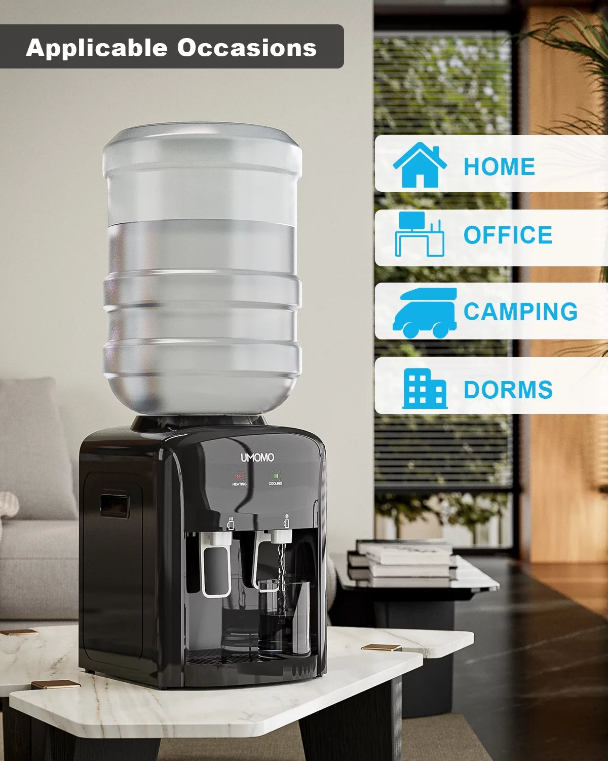 UMOMO Top Loading Water Cooler Dispenser for Home and Office, Hot & Cold, 3 or 5 Gallon, Black F9017