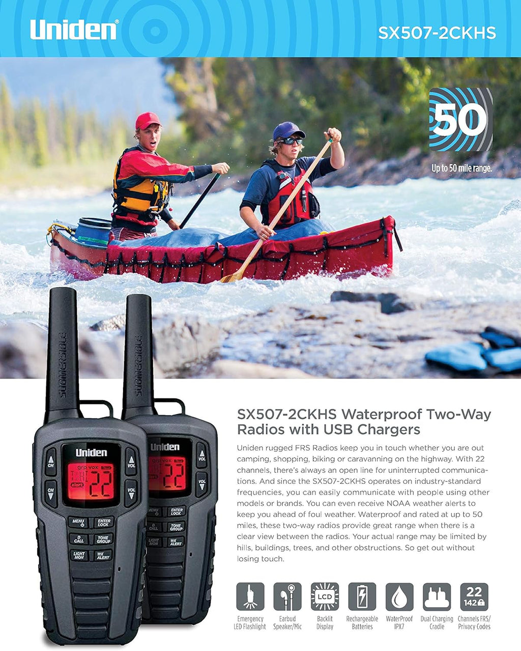 Uniden SX507-2CKHS Two-Way Radio Walkie Talkies with Dual Charging Cradle, Waterproof, 22 Channels U73496