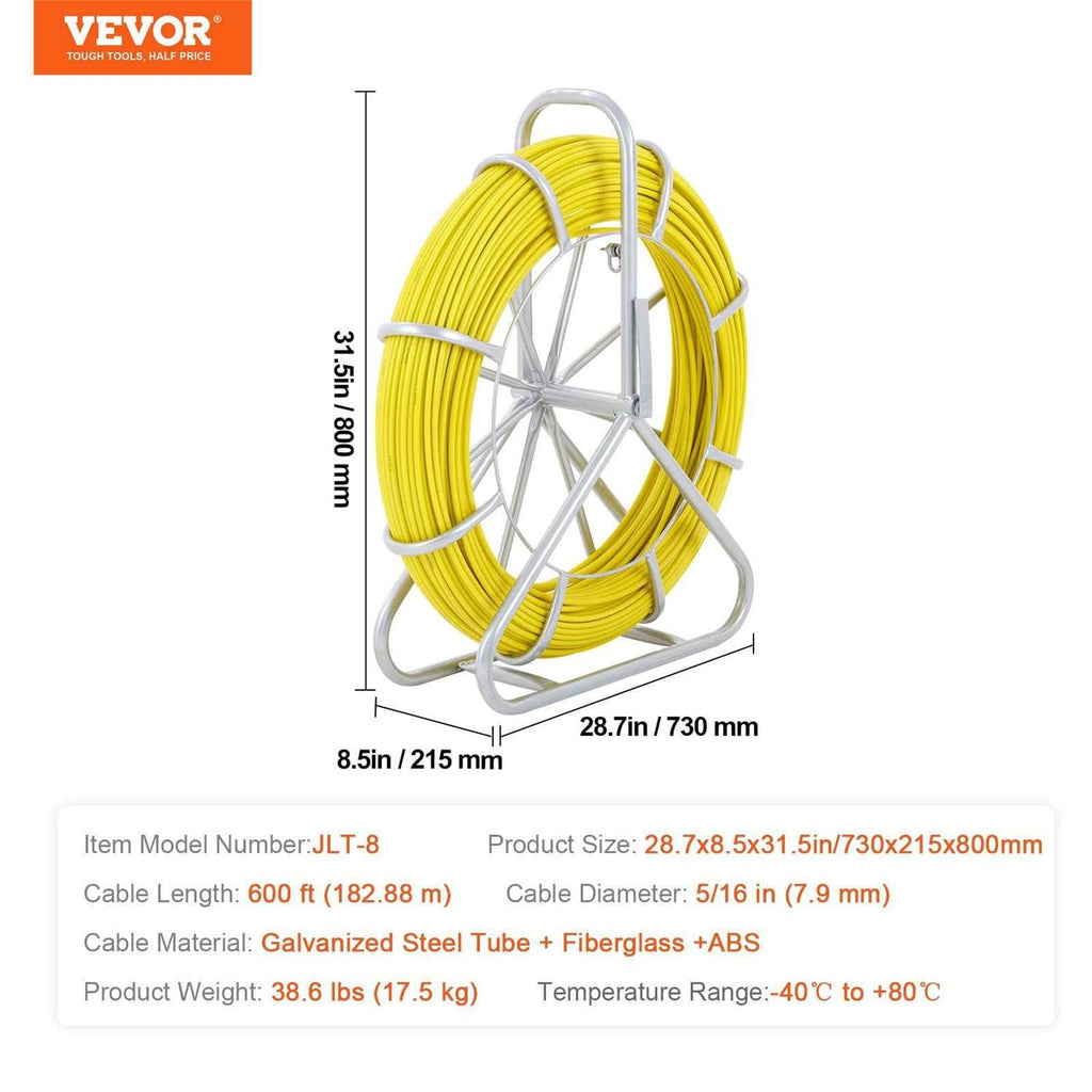 VEVOR Fiberglass Fish Tape 600 ft x 5/16 in Non-Conductive with Steel Reel Stand N462