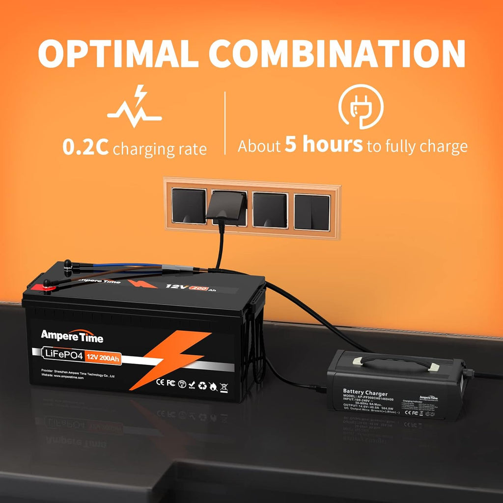 Ampere Time 12V 200Ah LiFePO4 Battery with 100A BMS and Charger W77428
