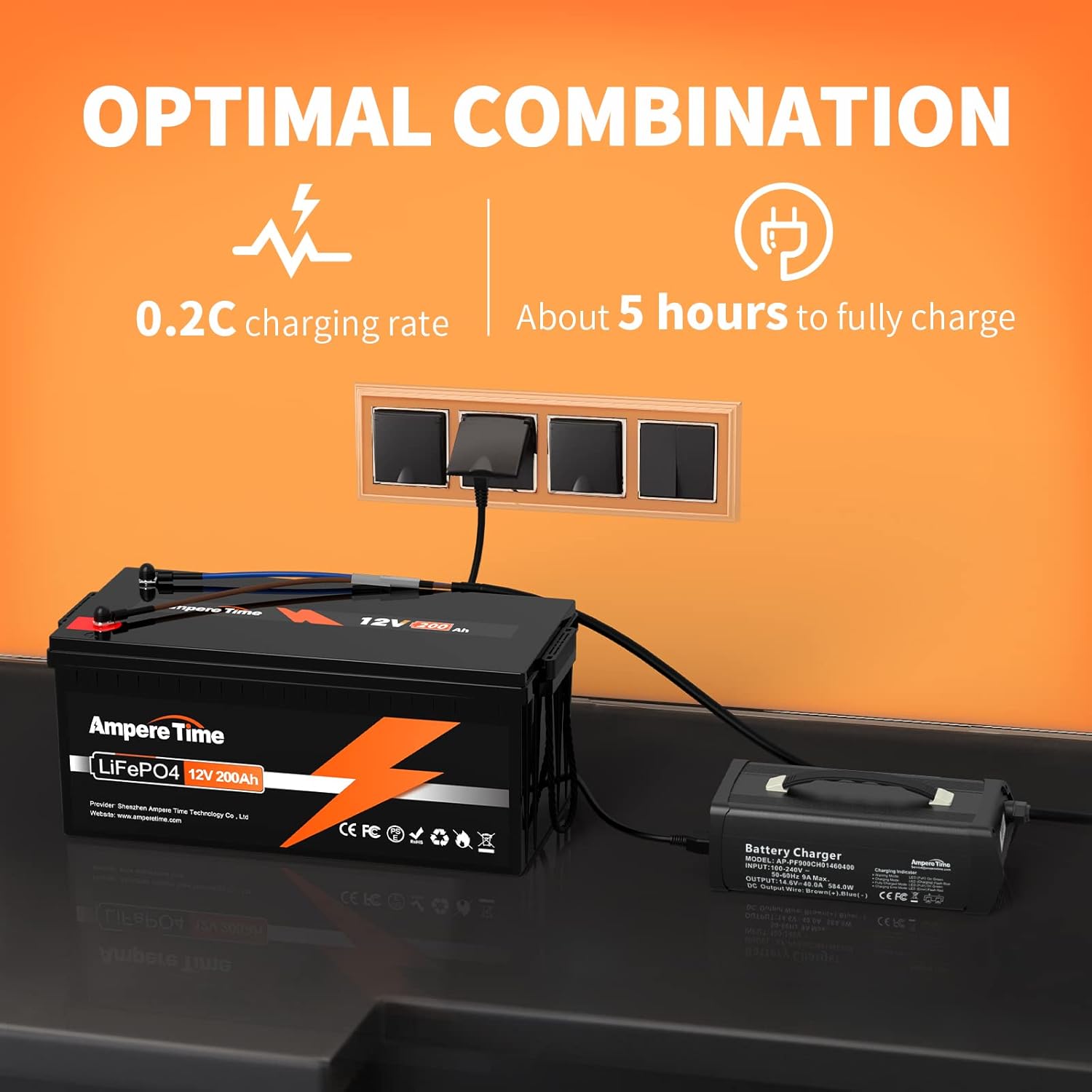 Ampere Time 12V 200Ah LiFePO4 Battery with 100A BMS and Charger W77428