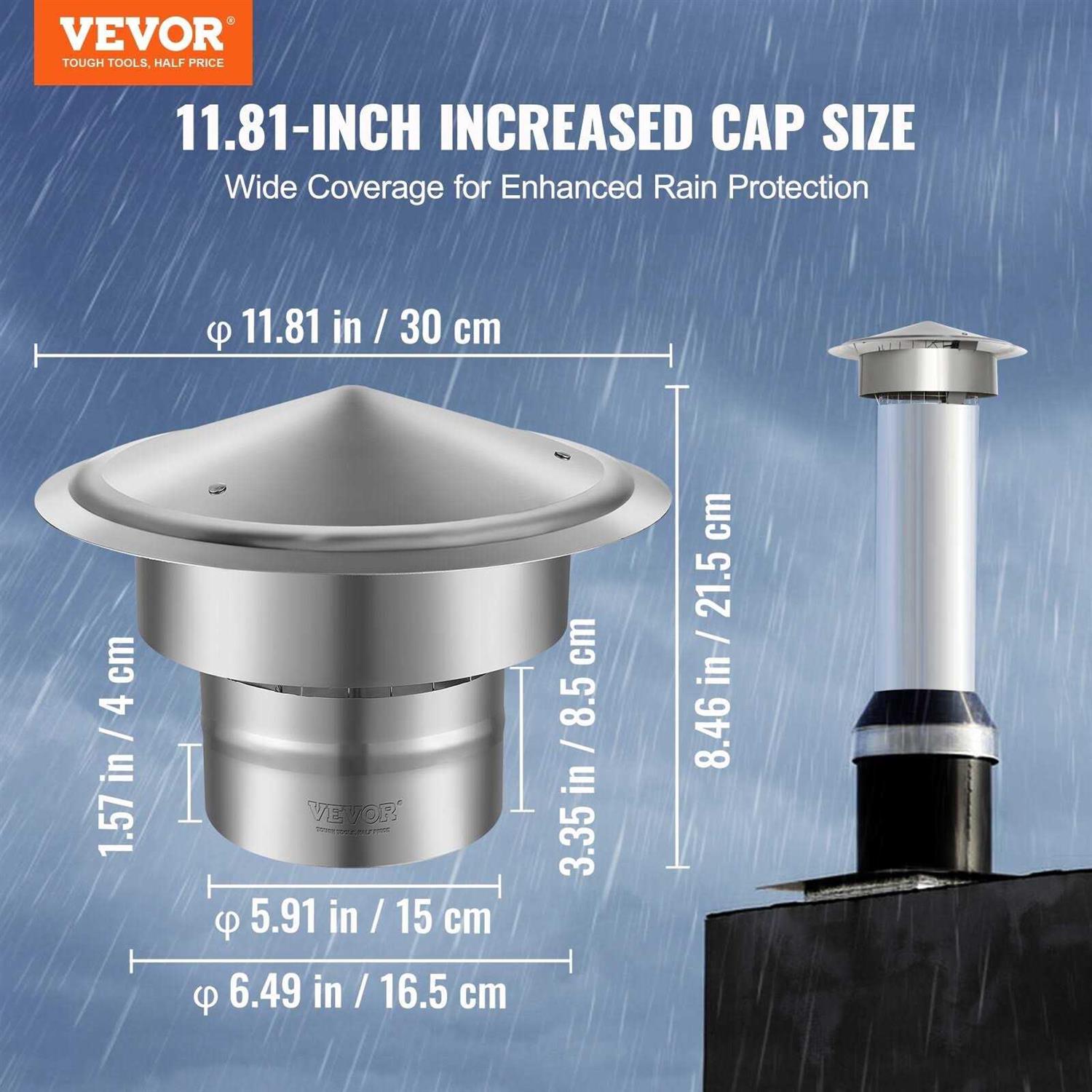 VEVOR Chimney Cap 6 inch 304 Stainless Steel Round Roof Rain Cap L3145