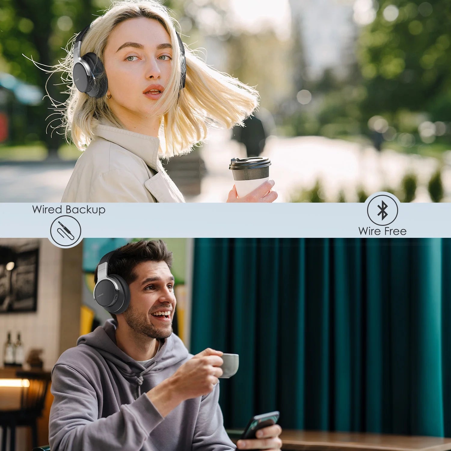 AUSDOM E7 Active Noise Cancelling Wireless Over Ear Headphones with Mic, Black D162