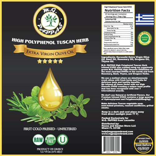 M.G. PAPPAS High Polyphenol Extra Virgin Olive Oil, Cold Pressed & Unfiltered, 12.7 oz O81138