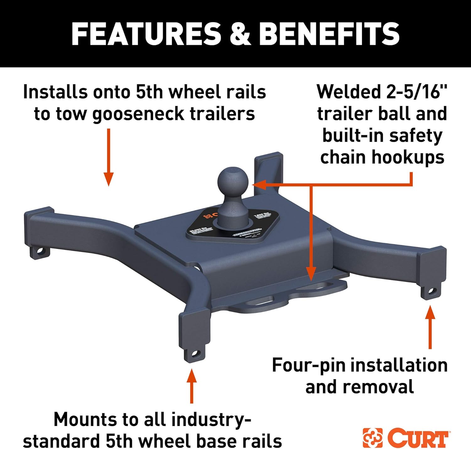 CURT 16090 Spyder 5th Wheel to Gooseneck Adapter Hitch, 30,000 lbs, 2-5/16-Inch Ball O507
