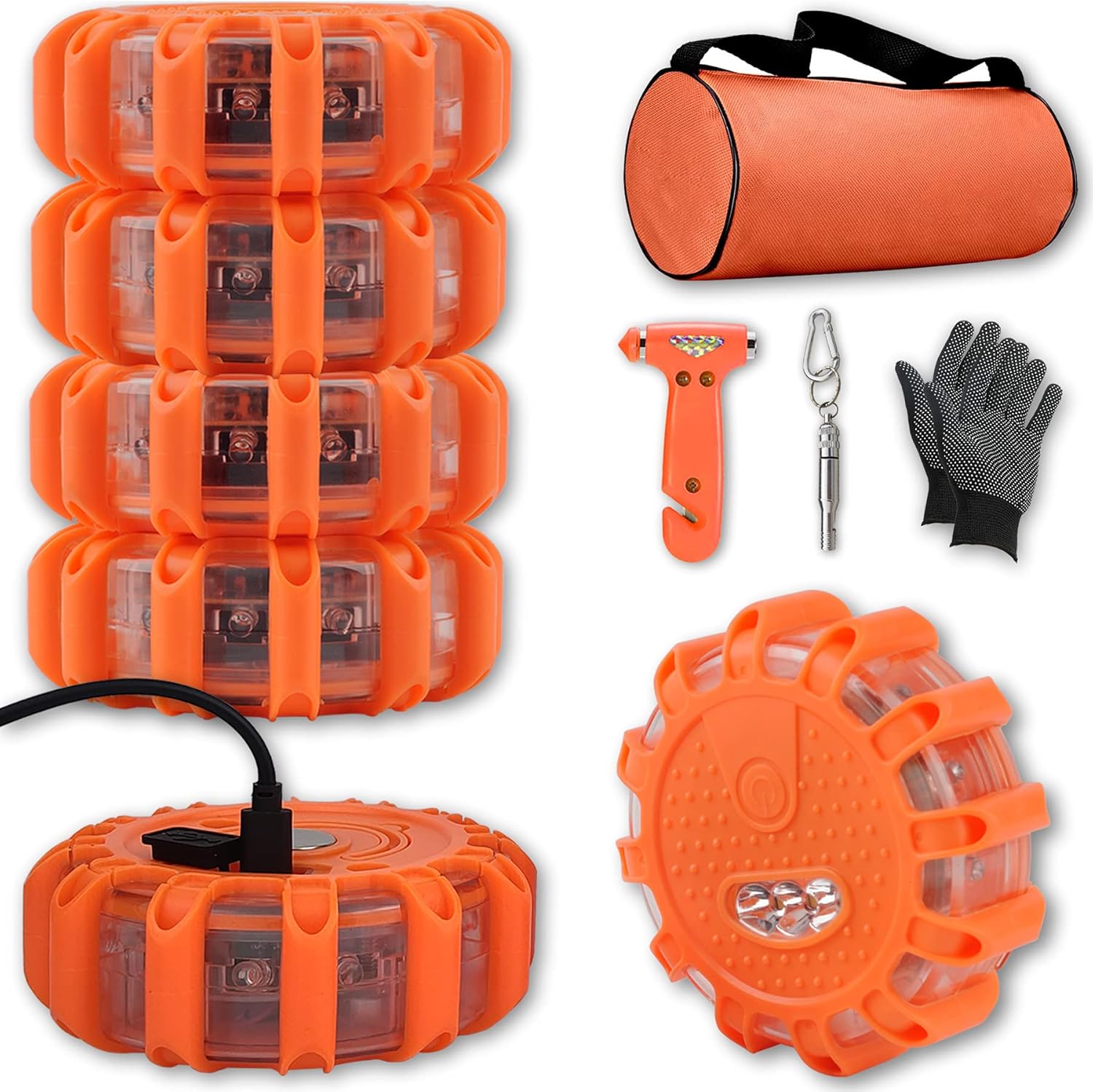 USB Rechargeable LED Road Flares Emergency Kit with Magnetic Hazard Lights and Window Breaker Z436157