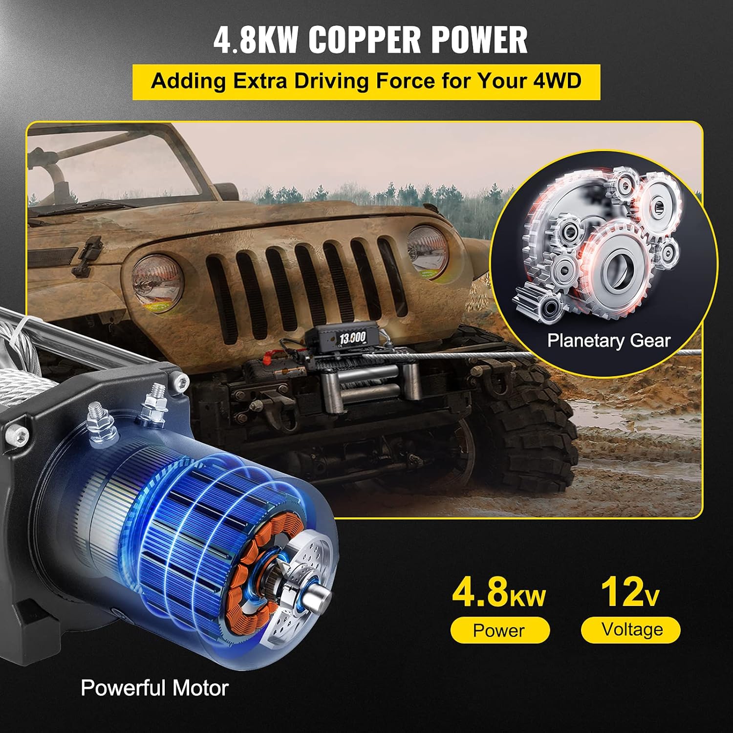 VEVOR 13000lbs Electric Winch 12V with Wireless Remote Control for Truck Jeep UTV ATV R24572