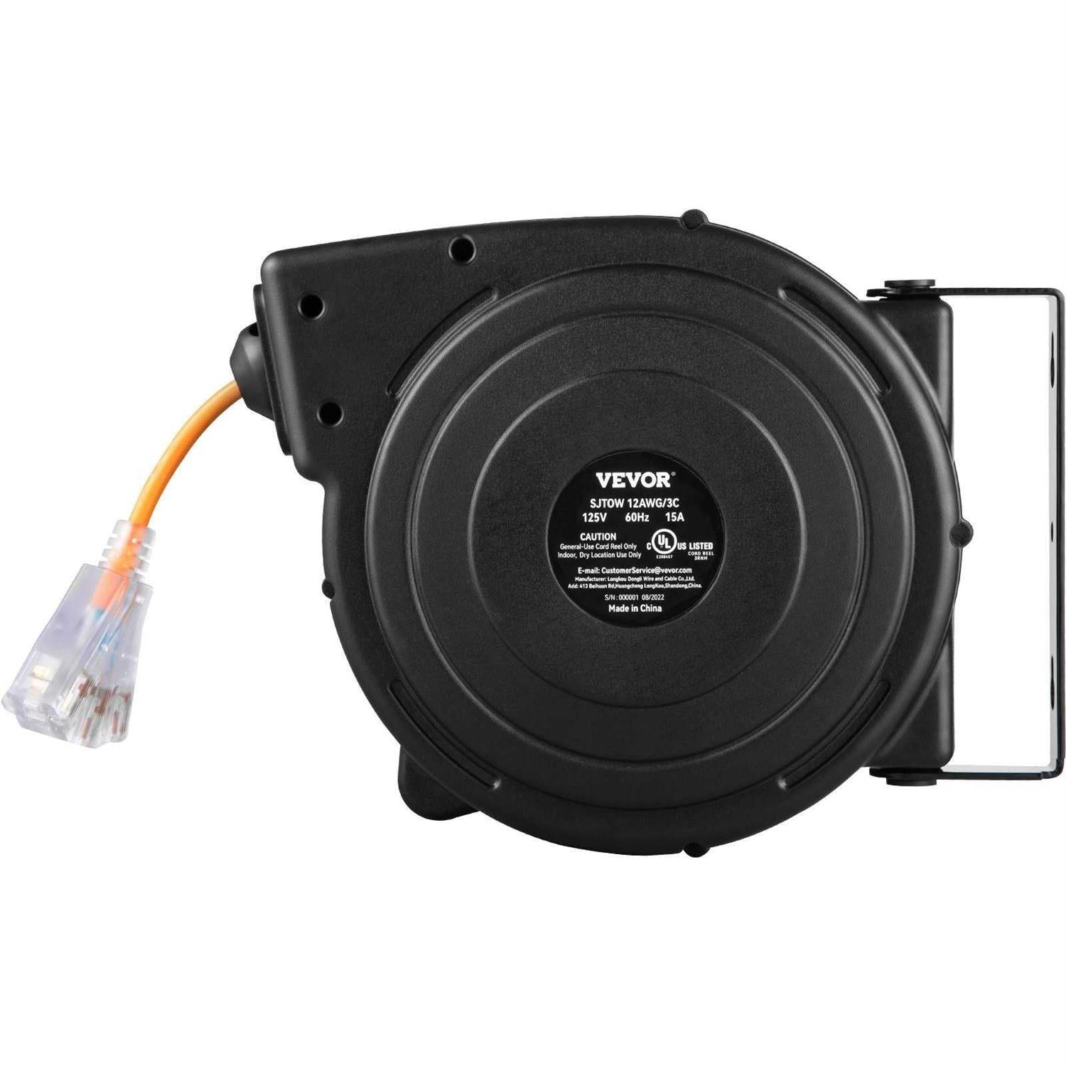 VEVOR Retractable Extension Cord Reel 50 ft Heavy Duty 14AWG with Lighted Triple Tap Outlet Z3570