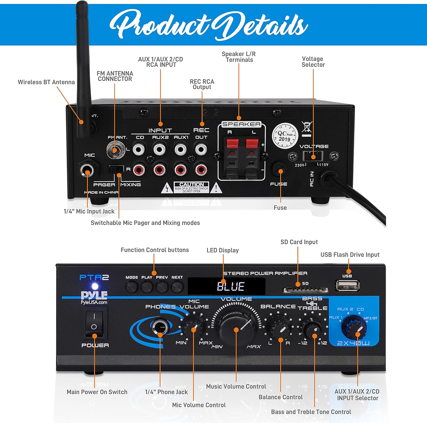 Pyle 2x40W Bluetooth Mini Stereo Amplifier Receiver with AUX and Mic Input, Pack of 2 R25324