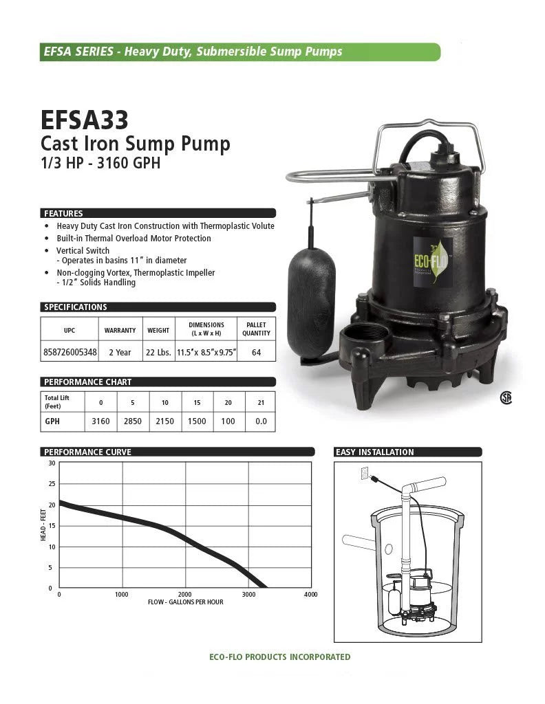 Eco Flo EFSA33 1/3 HP Cast Iron Sump Pump L734650