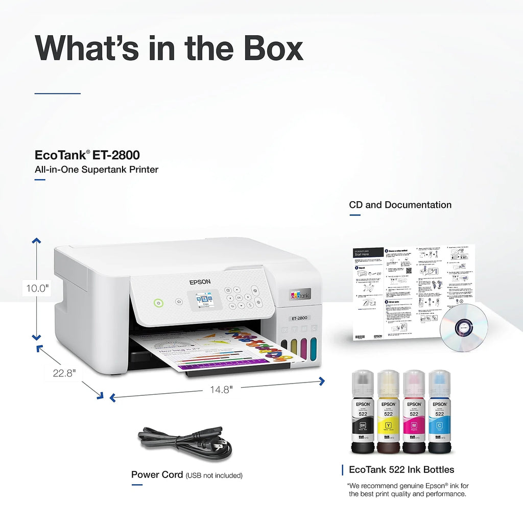 Epson EcoTank ET-2800 Wireless All-in-One Supertank Printer with Scan and Copy, White A1706