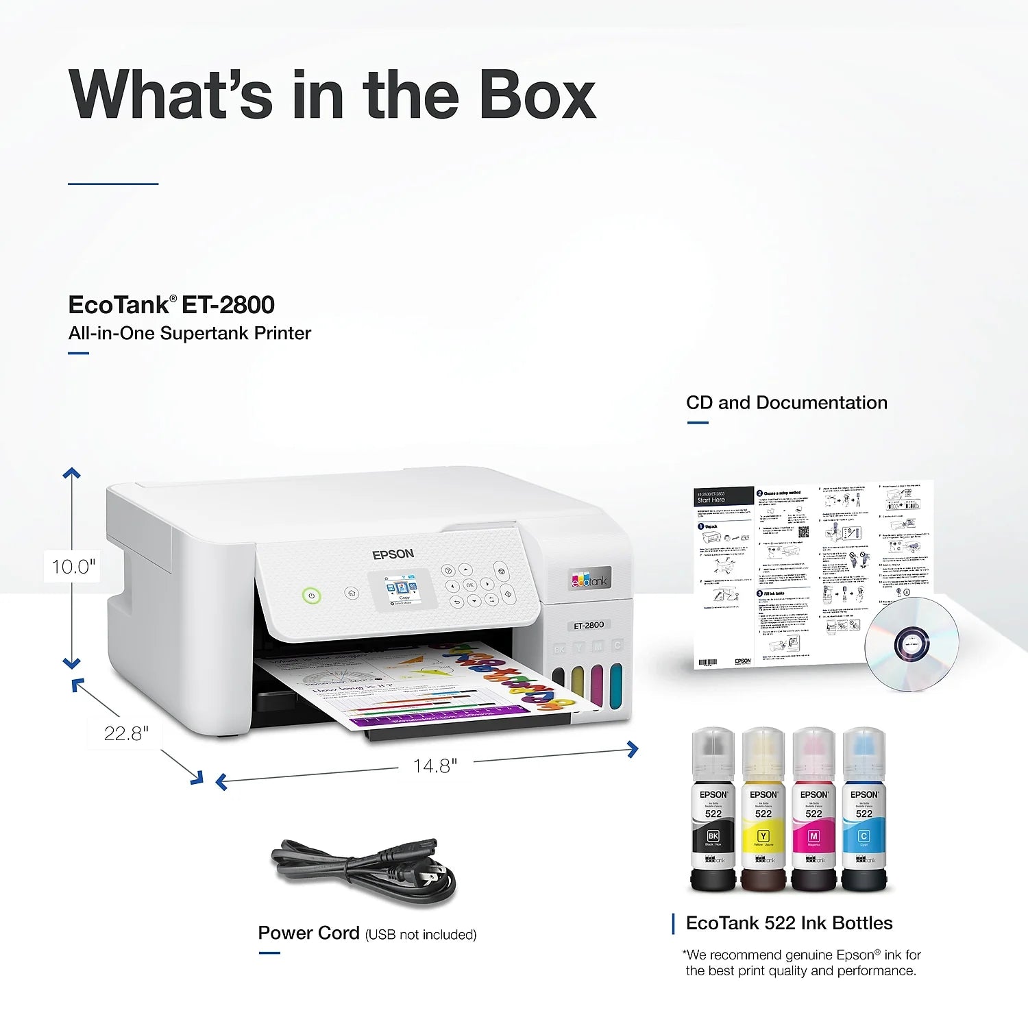 Epson EcoTank ET-2800 Wireless All-in-One Supertank Printer with Scan and Copy, White A1706
