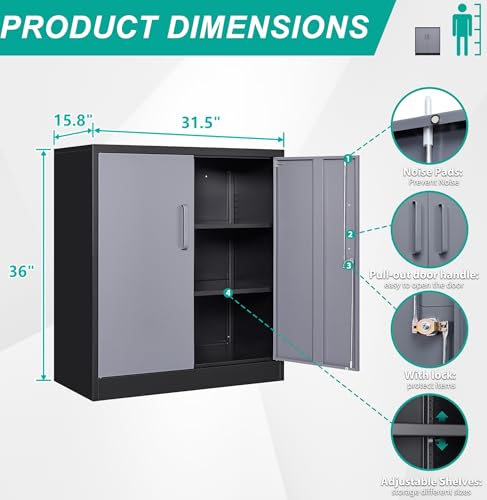 SISESOL Metal Storage Cabinet with 2 Adjustable Shelves, 36" H E162