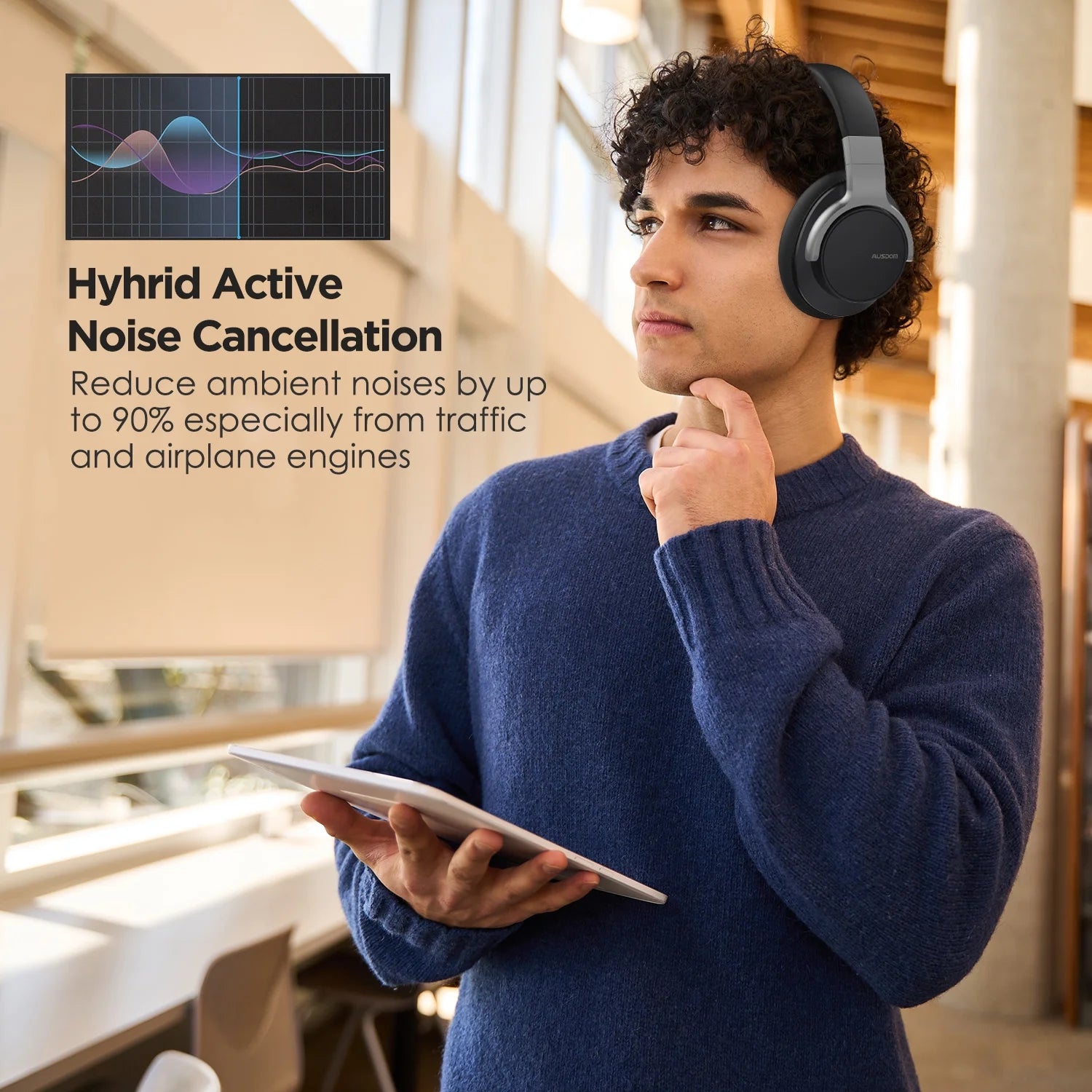 AUSDOM E7 Active Noise Cancelling Wireless Over Ear Headphones with Mic, Black D162