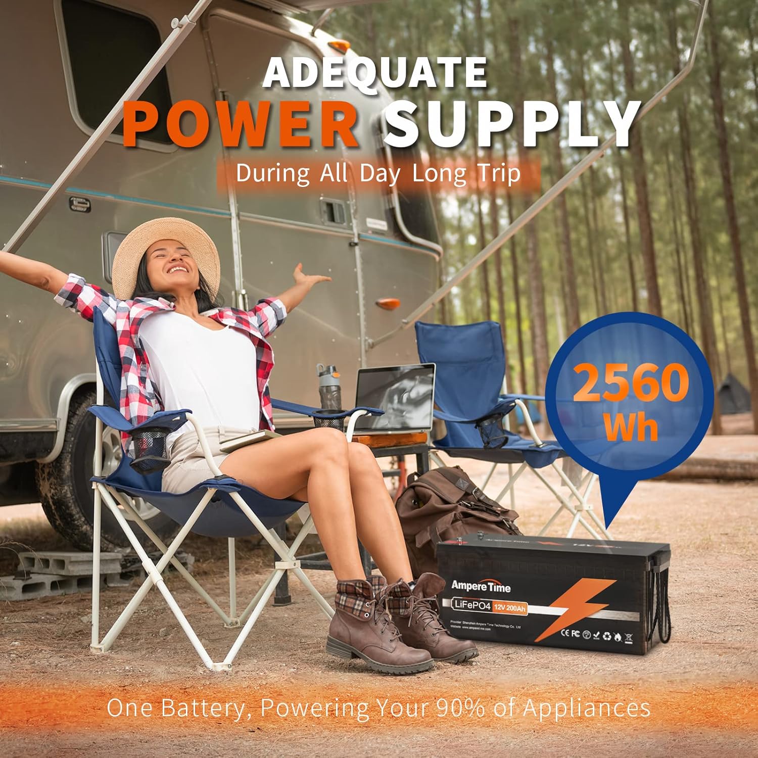 Ampere Time 12V 200Ah LiFePO4 Battery with 100A BMS and Charger W77428