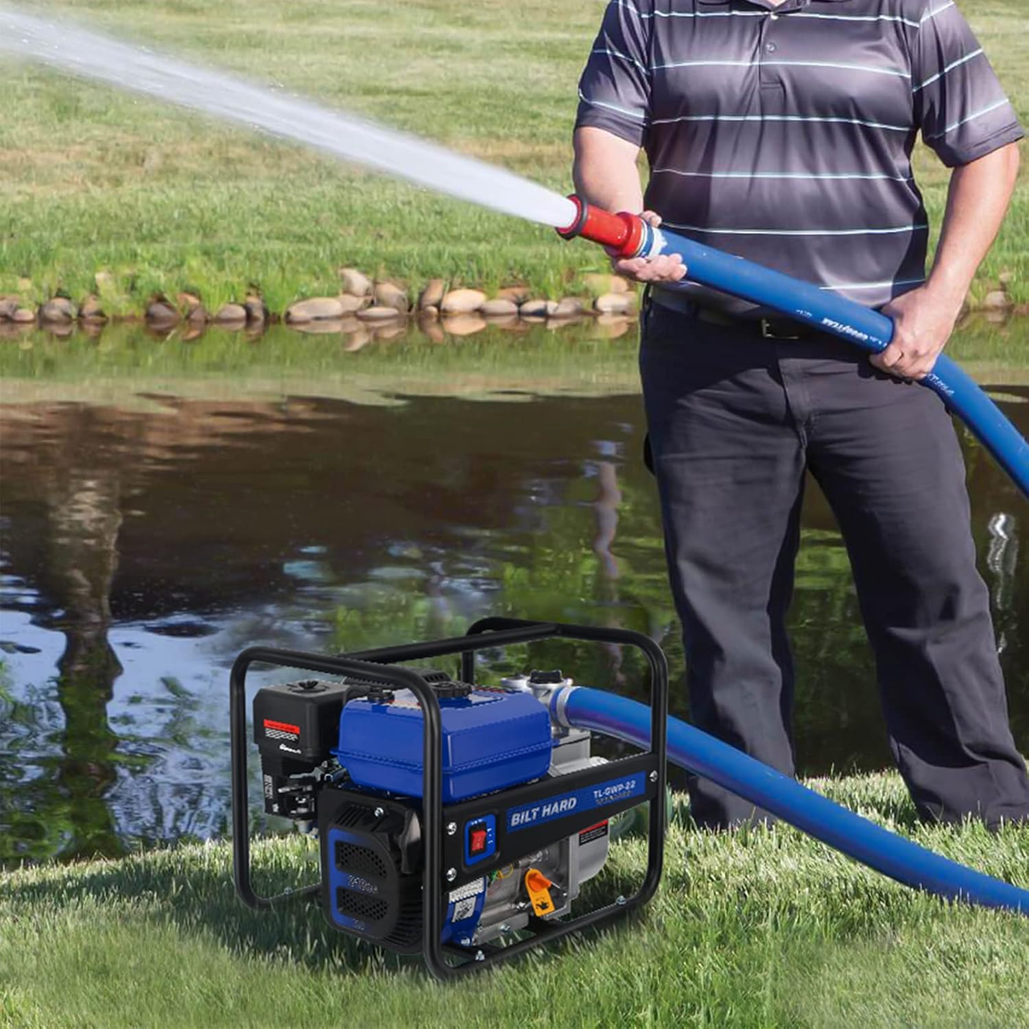 BILT HARD 2 inch Gas Powered Semi-Trash Water Pump with Water Hose Kit W1632