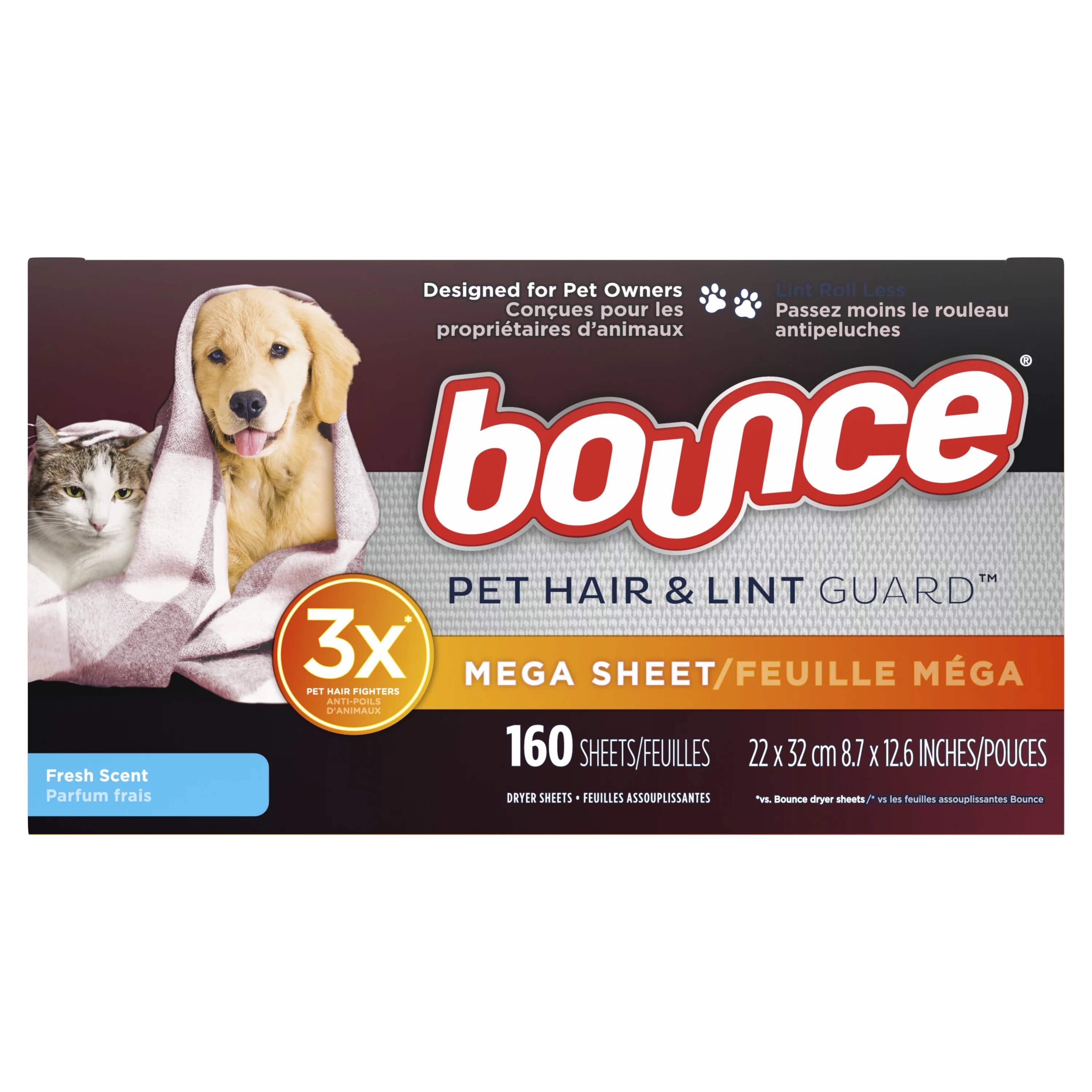 Bounce Pet Hair and Lint Guard Mega Dryer Sheets, Fresh Scent, 160 Ct W627