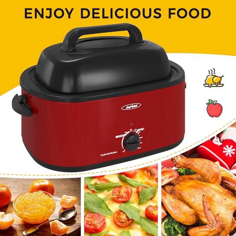 SUNVIVI 20 Quart Electric Turkey Roaster Oven with Self-Basting Lid, Stainless Steel, Red M430