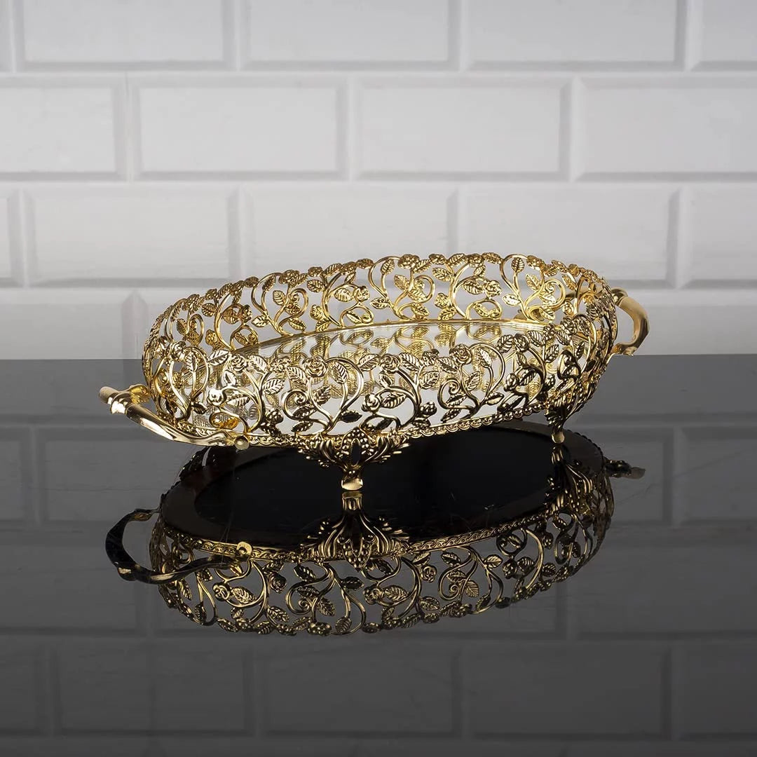 Metal Handmade Filigree Mirrored Tray for Vanity, 17.3" x 10.2" V419204