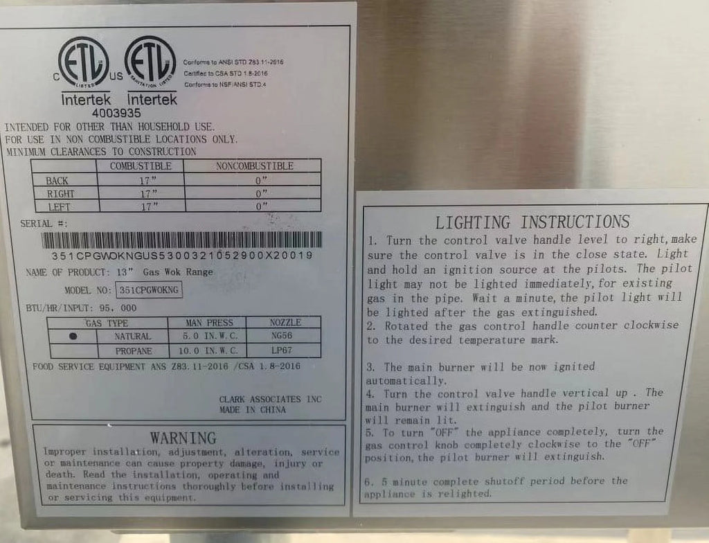 18in One Hole Chinese Wok Range Propane NSF E388