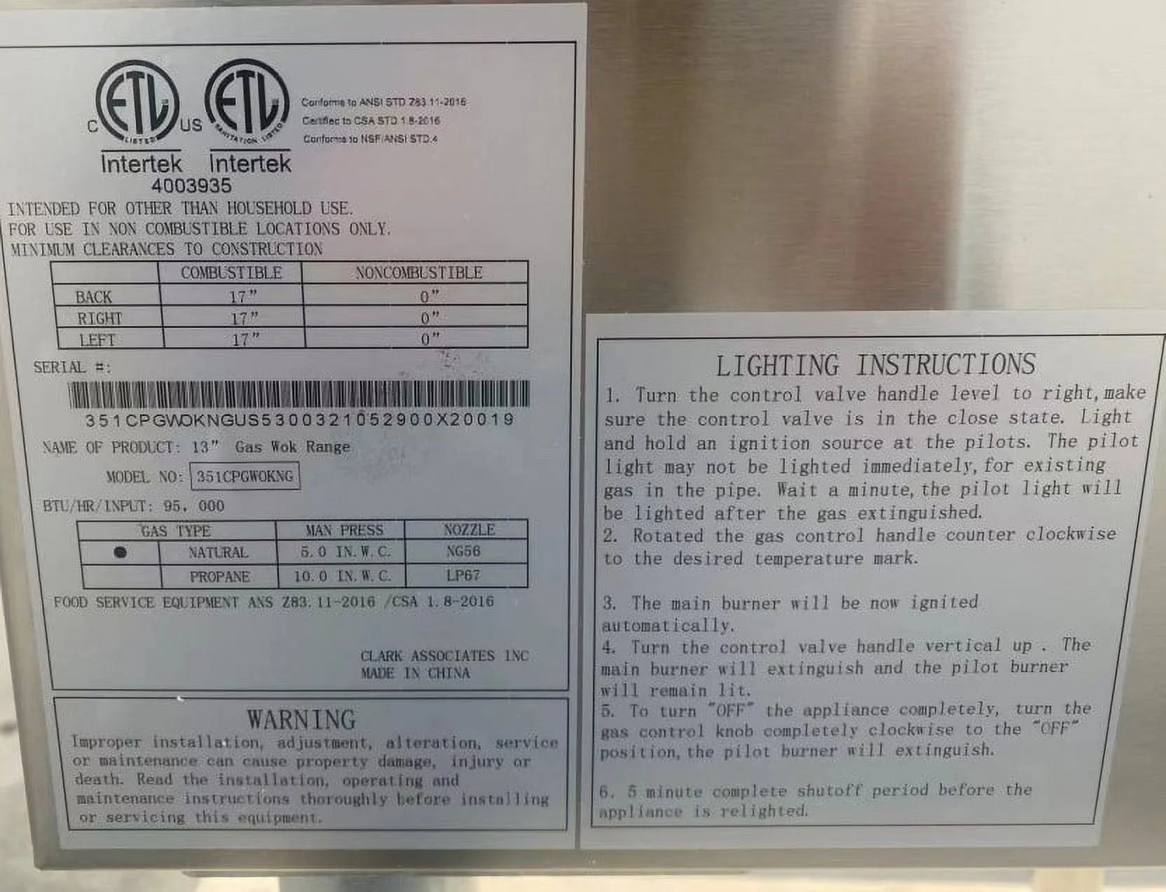 18in One Hole Chinese Wok Range Propane NSF E388