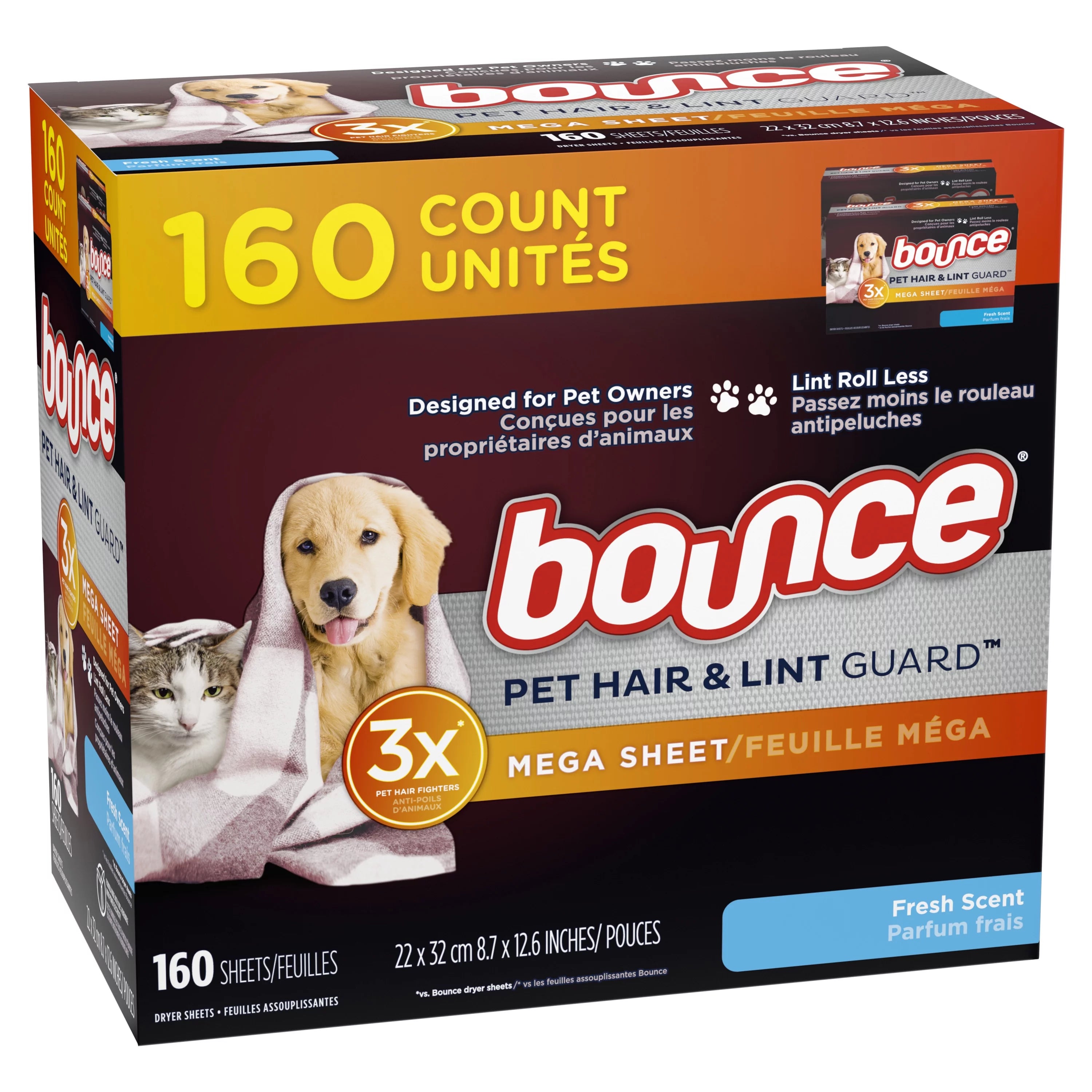 Bounce Pet Hair and Lint Guard Mega Dryer Sheets, Fresh Scent, 160 Ct W627