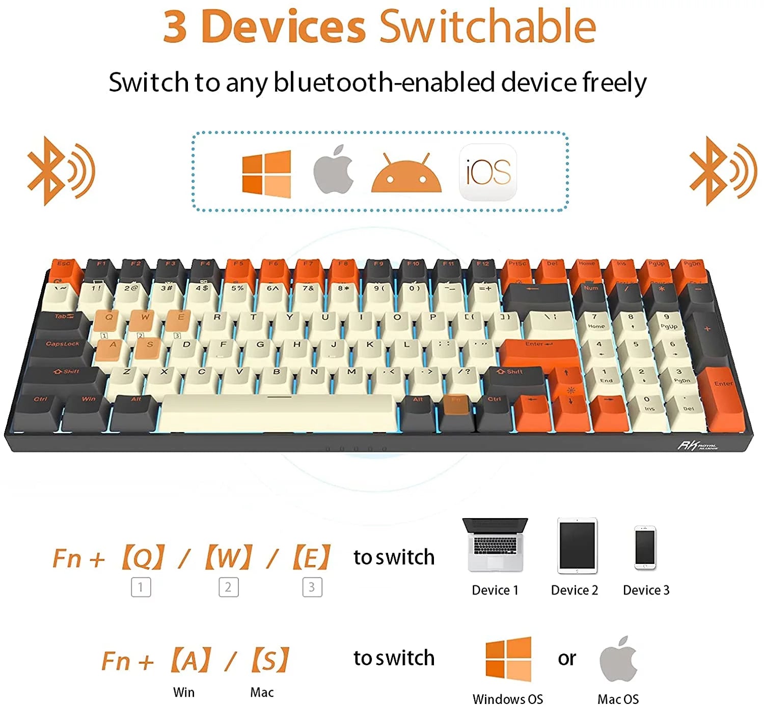 Wireless Mechanical Keyboard 100-Key Hot Swappable Brown Switch for Mac Windows Y126937