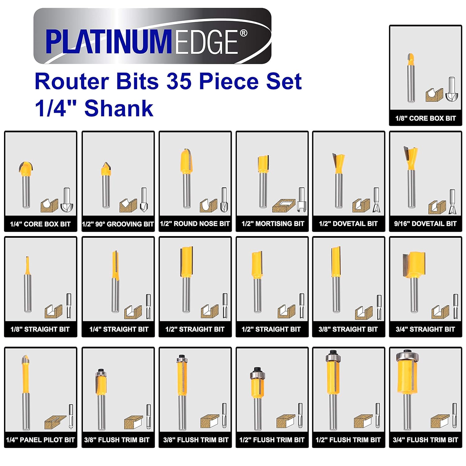 Platinumedge Tungsten Carbide Router Bits Set, 35 Piece with Aluminum Storage Case T983807
