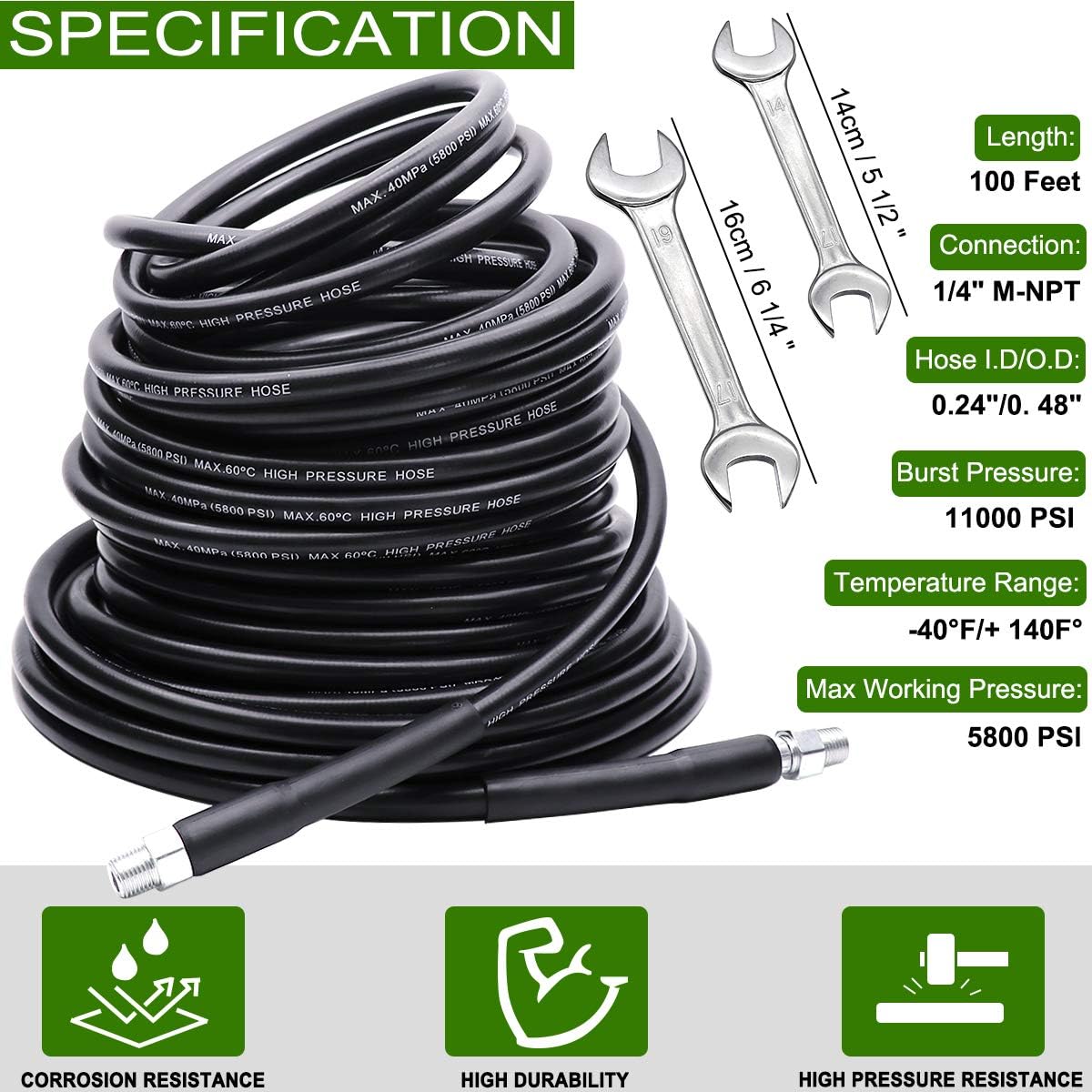 Sewer Jetter Kit 100FT for Pressure Washer, 5800PSI Drain Cleaner Hose 1/4 Inch NPT Z56985