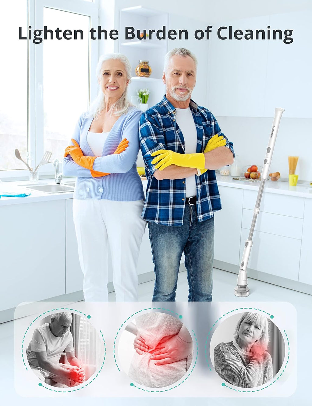 Voweek Electric Spin Scrubber Cordless Cleaning Brush with Adjustable Extension Arm, 4 Heads, Pack of 2 J38367