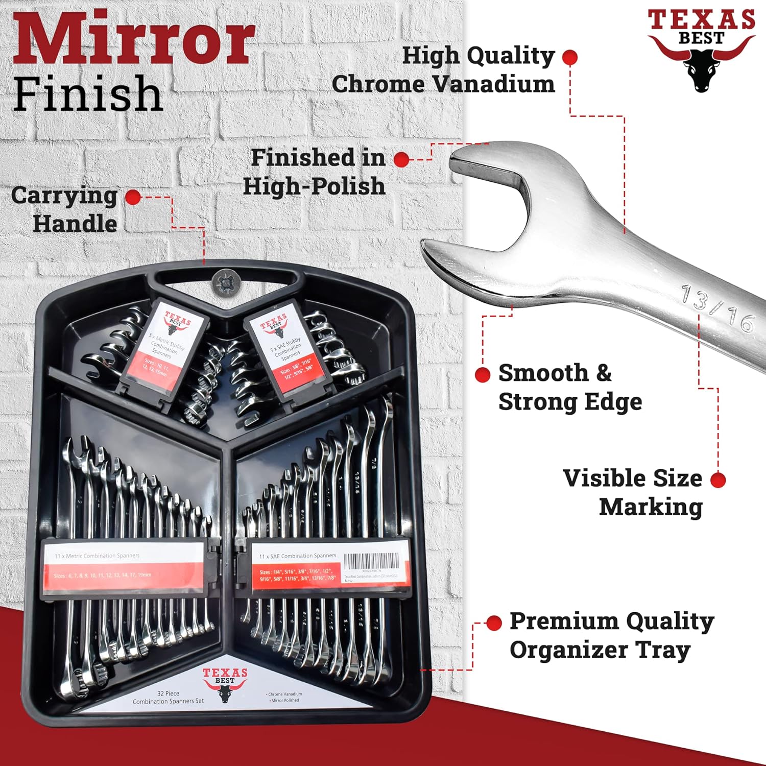 Texas Best Chrome Vanadium Steel Combination Wrench Set 32 Pc T608481
