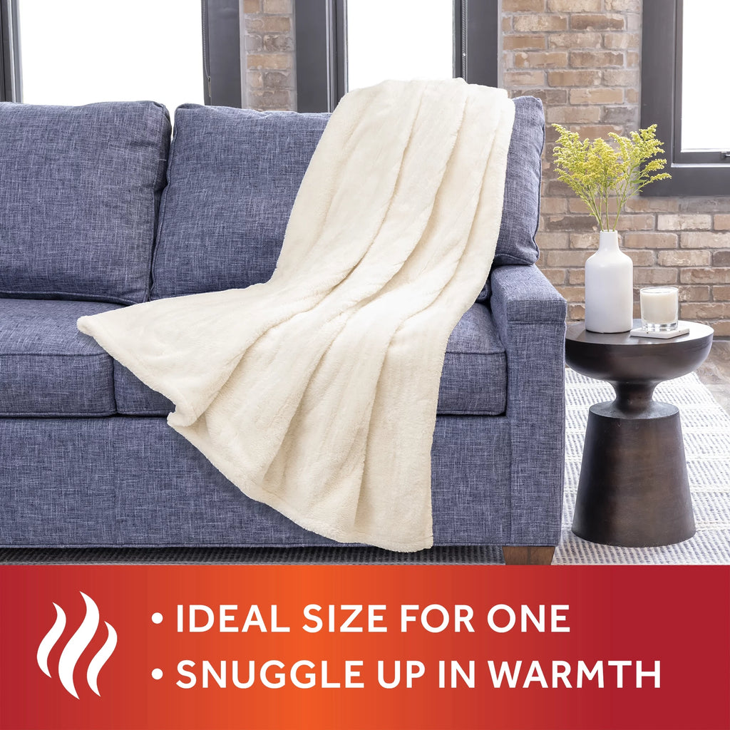 Sunbeam White Faux Fur Heated Throw Y313388