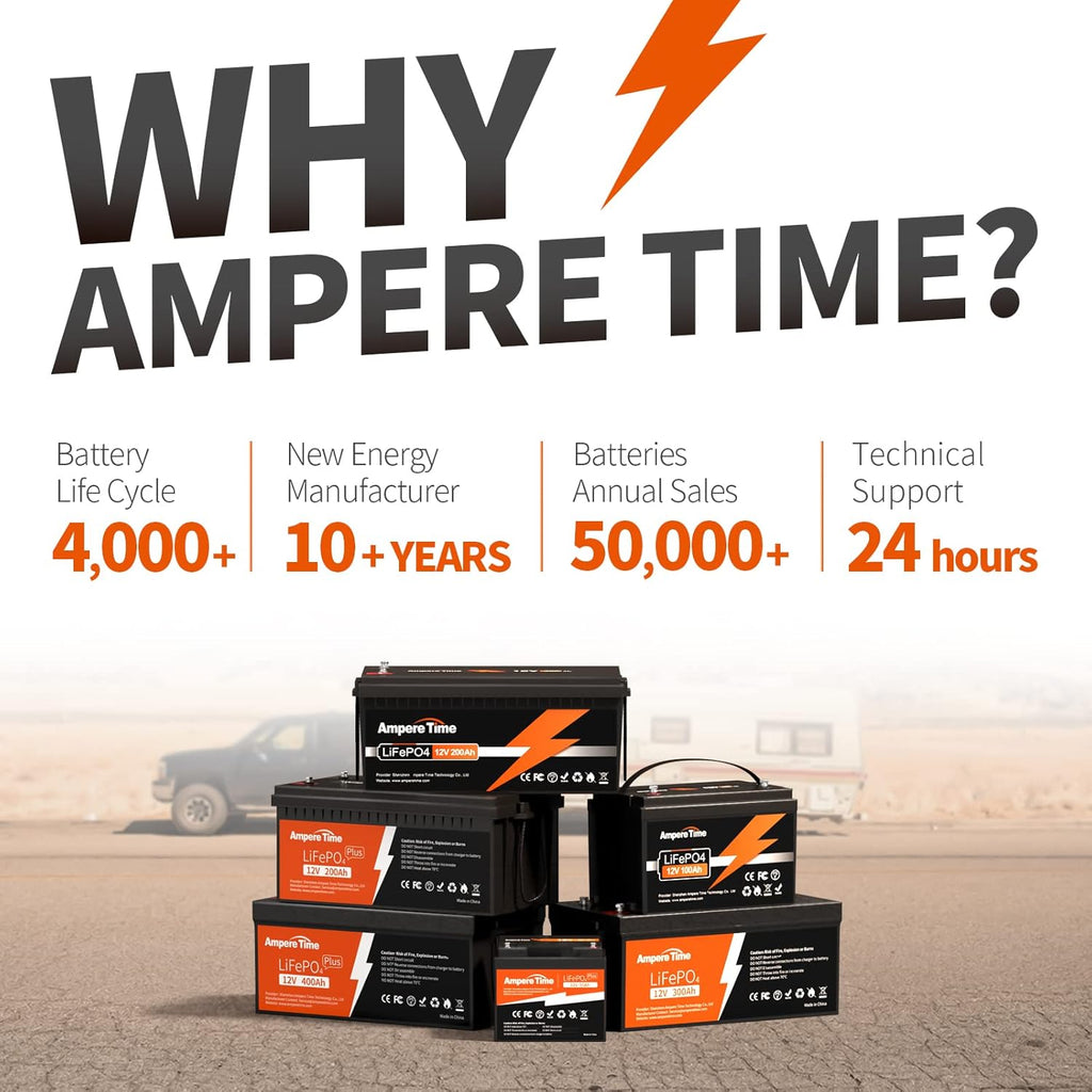 Ampere Time 12V 200Ah LiFePO4 Battery with 100A BMS and Charger W77428