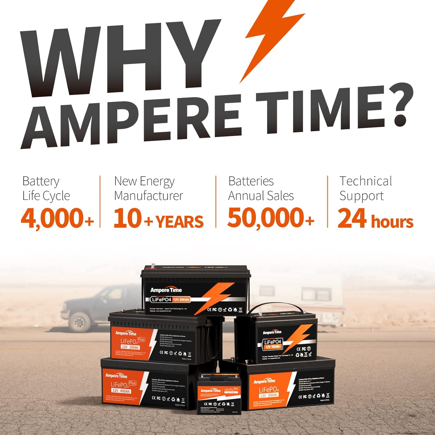 Ampere Time 12V 200Ah LiFePO4 Battery with 100A BMS and Charger W77428