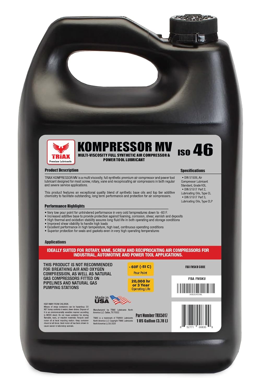 Triax Kompressor MV ISO 46 Full Synthetic Air Compressor Oil, 4 Gallon Pack W2961