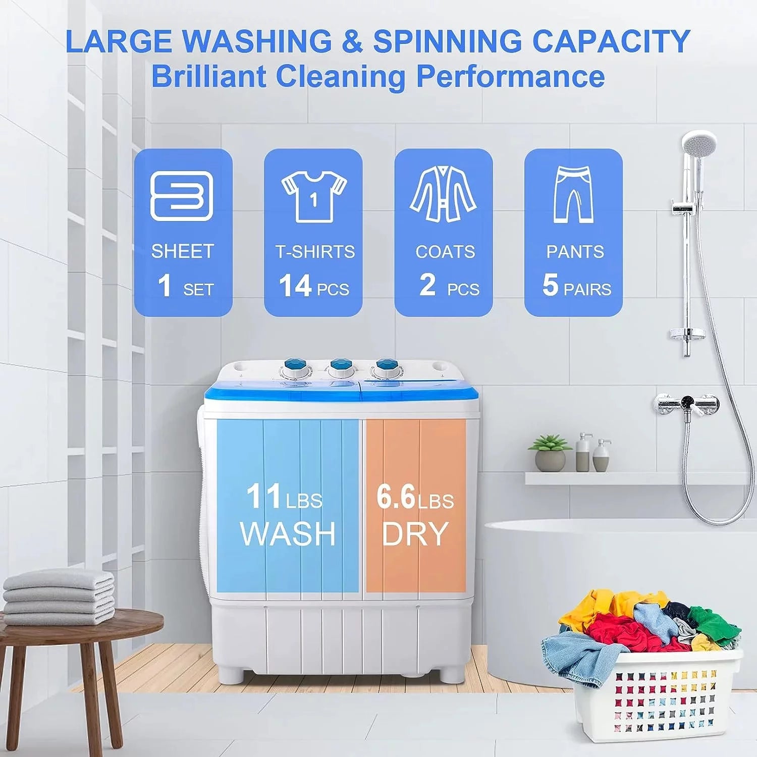 Qhomic Mini Washing Machine 11lbs Washer & 6.6lbs Spin Dryer Combo G771