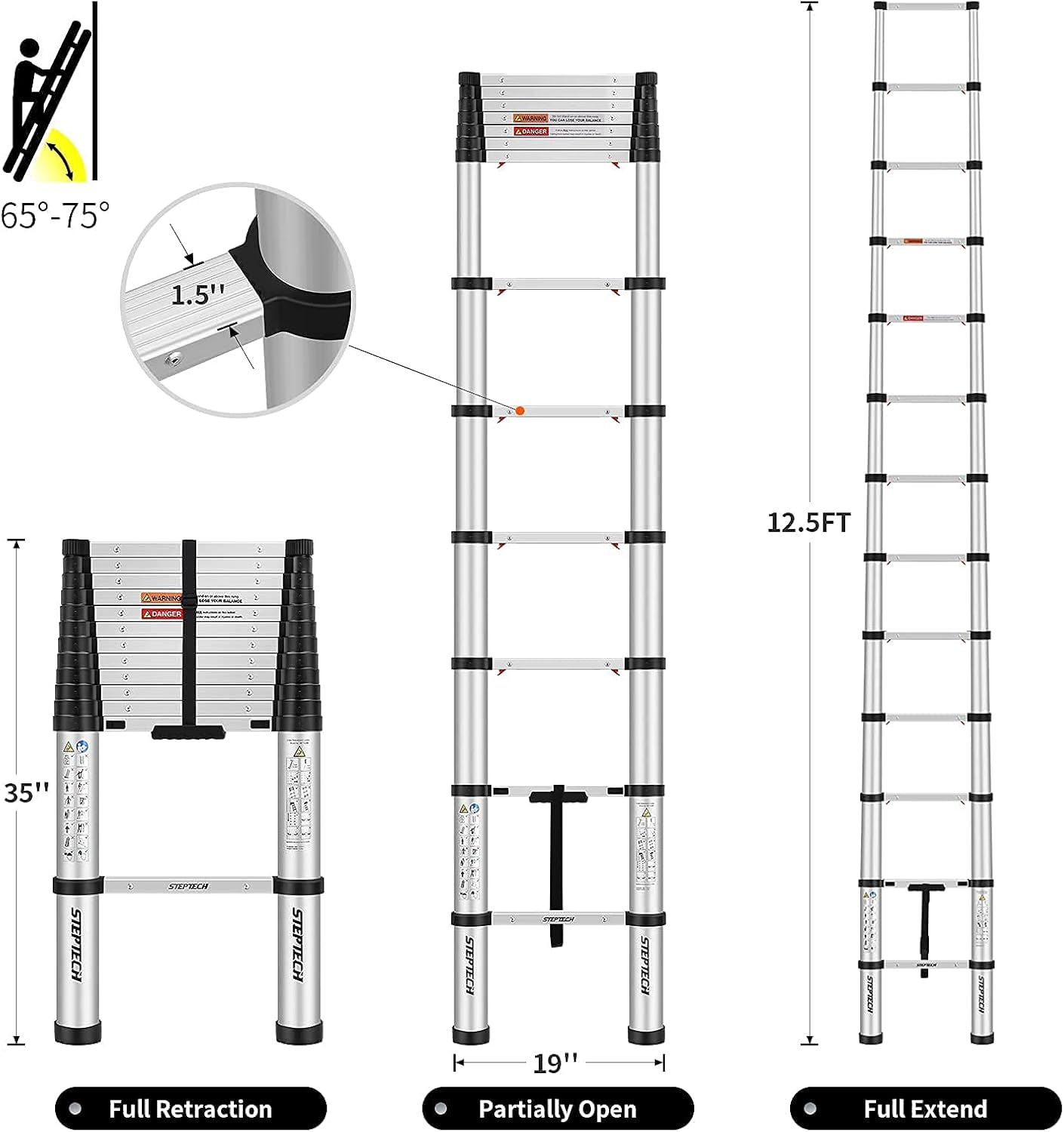 STEPTECH Telescoping Ladder 9.5 ft Aluminum Anti-Pinch Collapsible U494