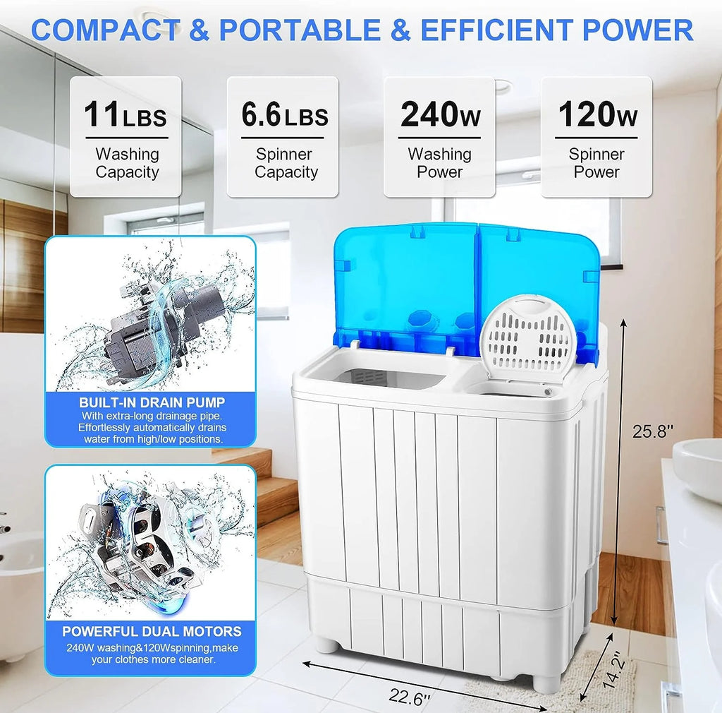 Qhomic Mini Washing Machine 11lbs Washer & 6.6lbs Spin Dryer Combo G771