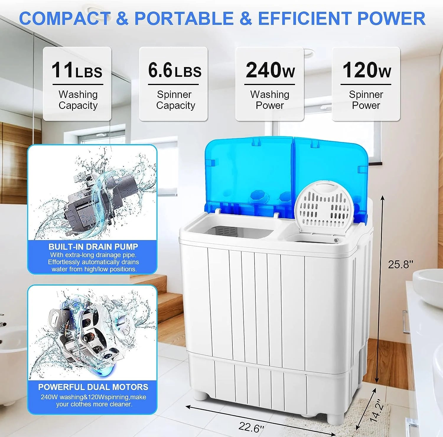 Qhomic Mini Washing Machine 11lbs Washer & 6.6lbs Spin Dryer Combo G771