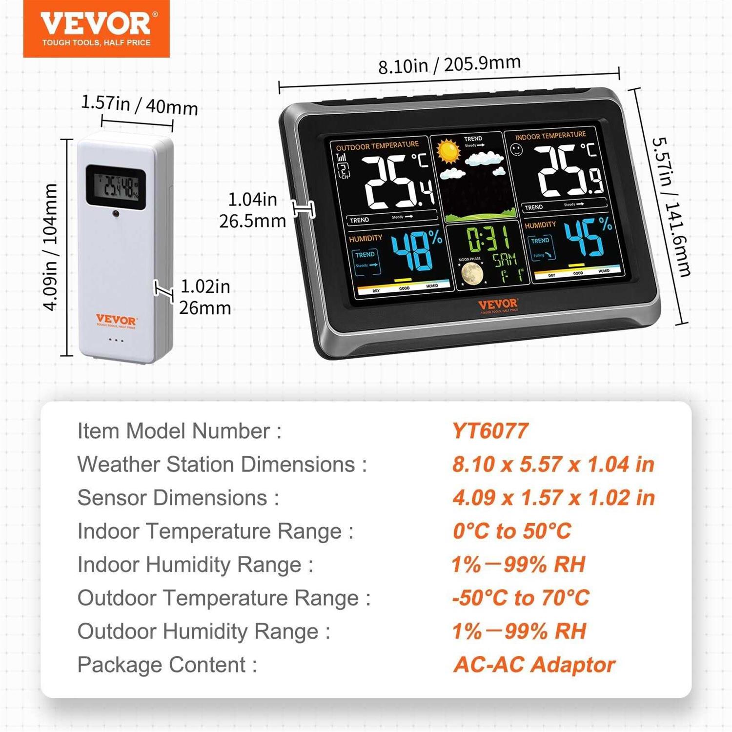 VEVOR Weather Station Indoor Outdoor 7.5 in with Sensor Atomic Clock L998639