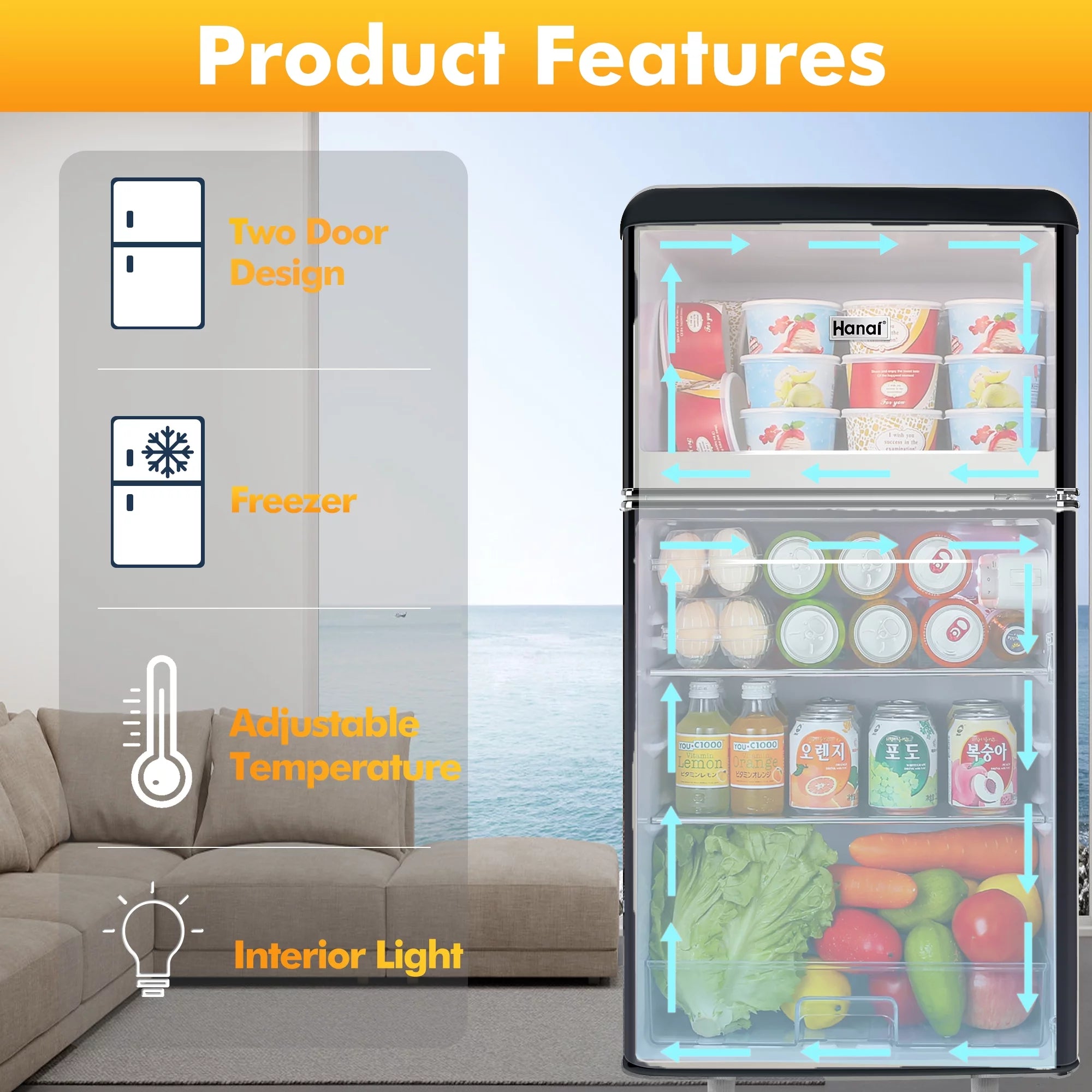 WANAI 3.5 Cu Ft Two Door Mini Fridge with Freezer, Black Y71847