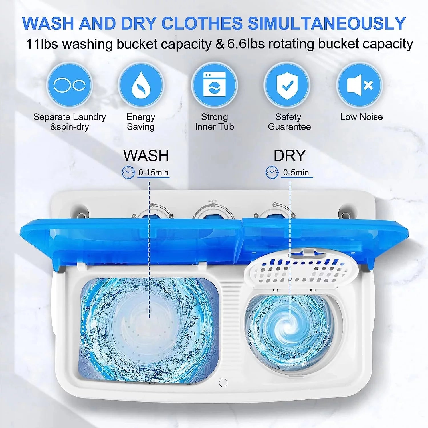 Qhomic Mini Washing Machine 11lbs Washer & 6.6lbs Spin Dryer Combo G771