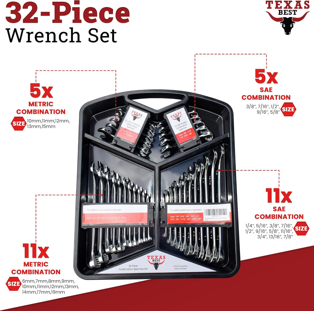 Texas Best Chrome Vanadium Steel Combination Wrench Set 32 Pc T608481