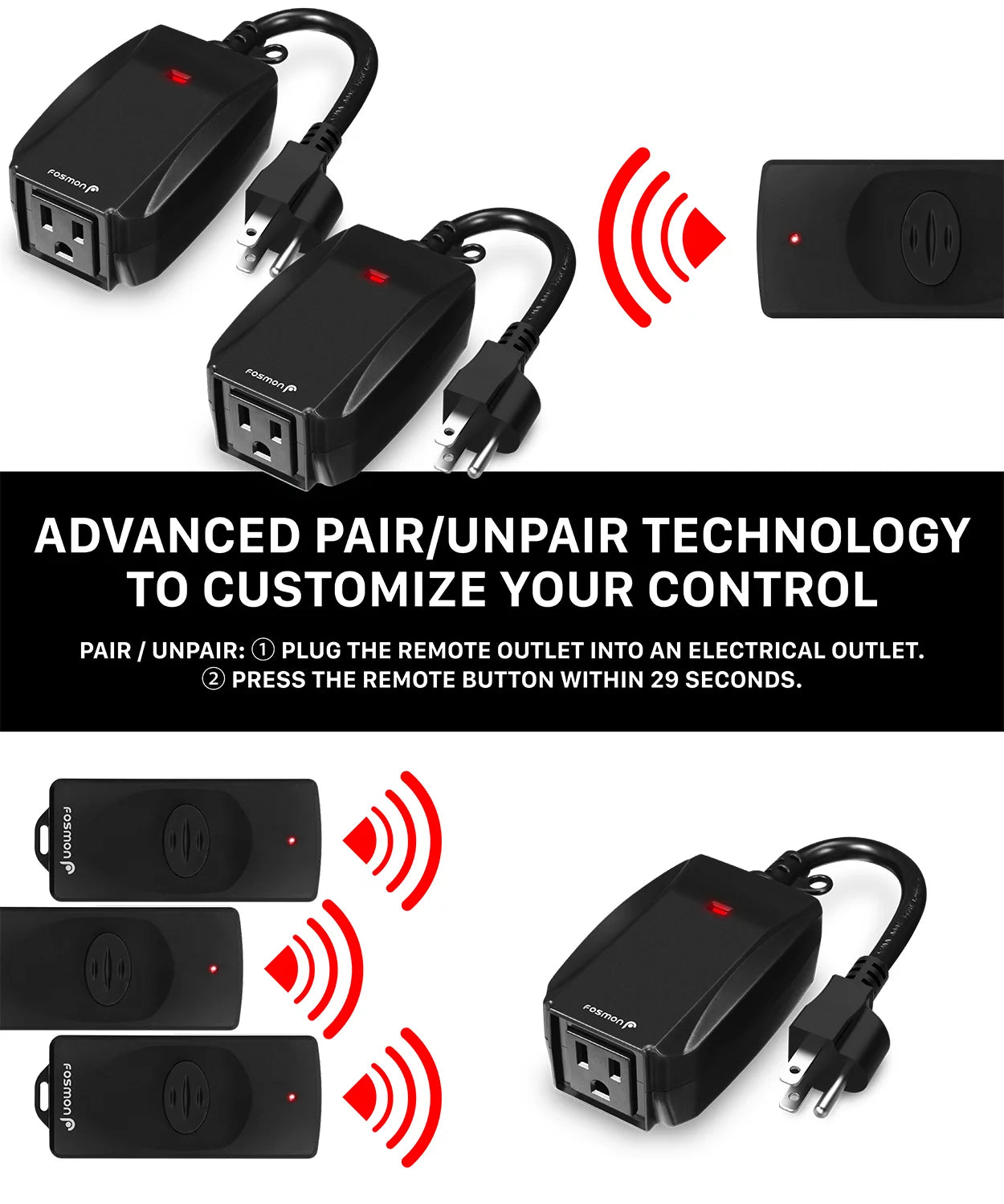 Fosmon Wireless Remote Control Outdoor Outlet Switch, Weatherproof, 3-Prong, Black (2 Pack) E191976