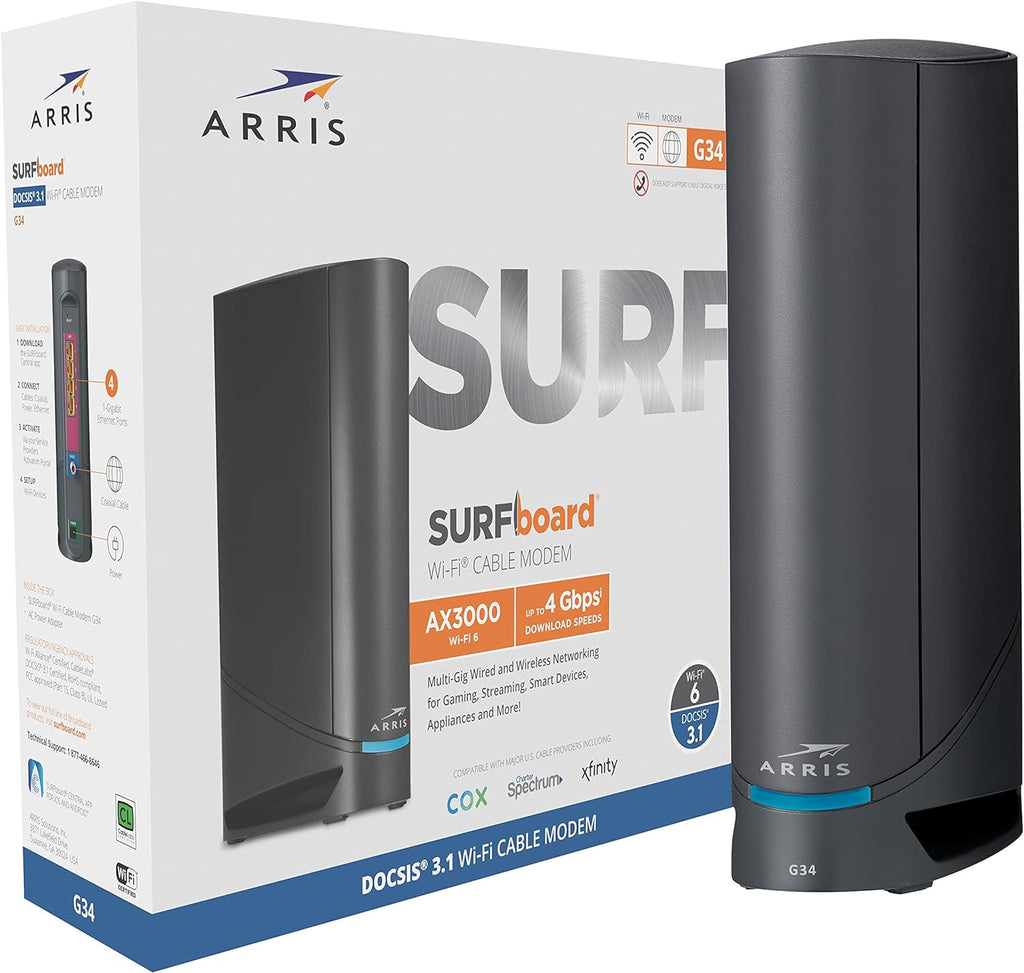 ARRIS Surfboard G34 DOCSIS 3.1 Gigabit Cable Modem & AX3000 Wi-Fi 6 Router F181