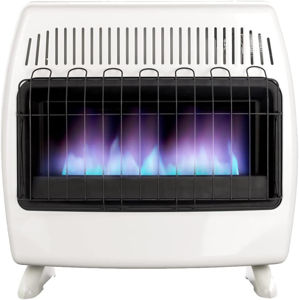 UTY 30,000 BTU Propane / Natural Gas Wall Heater for Indoor Use - Dual Fuel, Vent-Free, with Free Standing Base Legs, white, 28 x 11 x 24