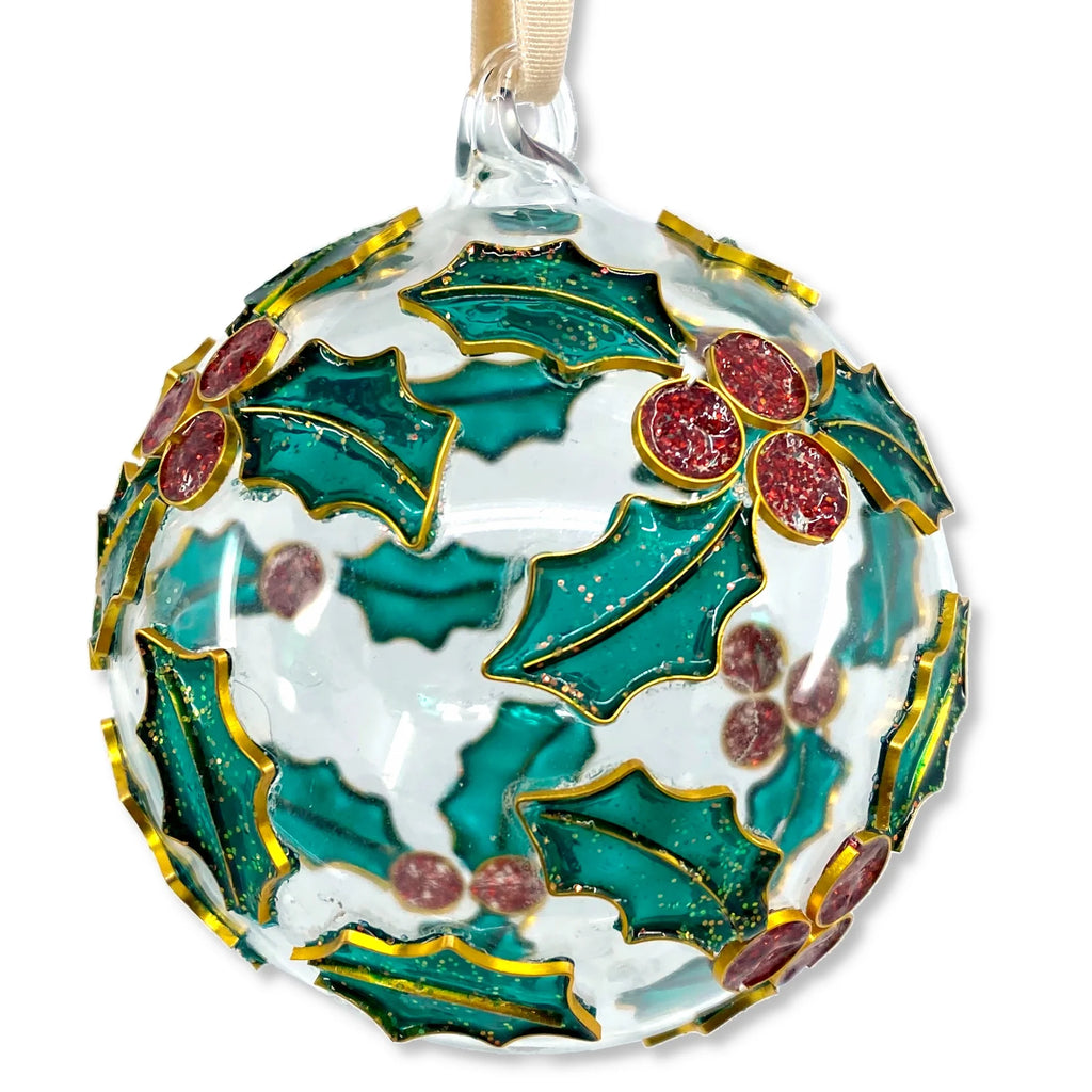 THE JOY TREE Cloisonne Holly Glass Ball Ornament A4097