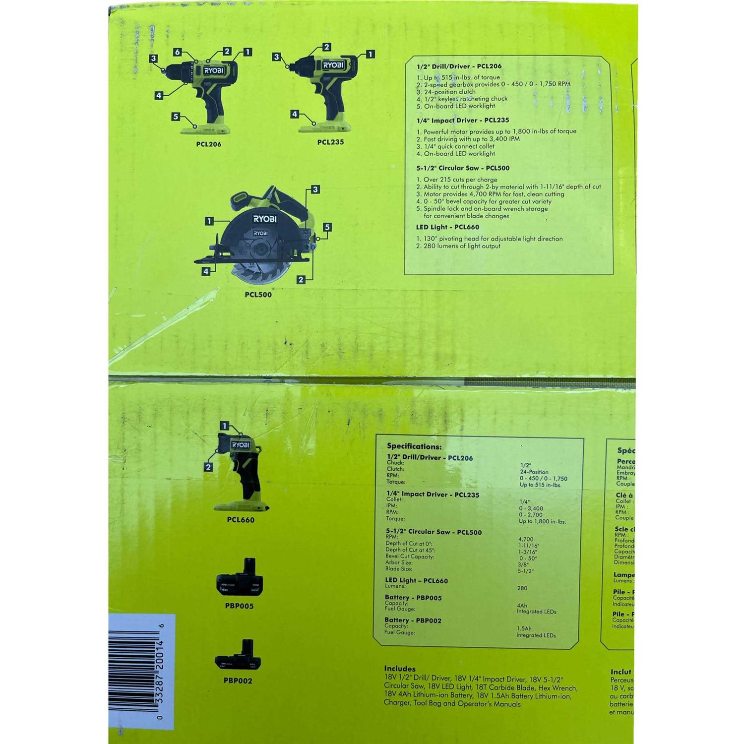 Ryobi One+ 18V Cordless 4-Tool Combo Kit with Batteries and Charger V770