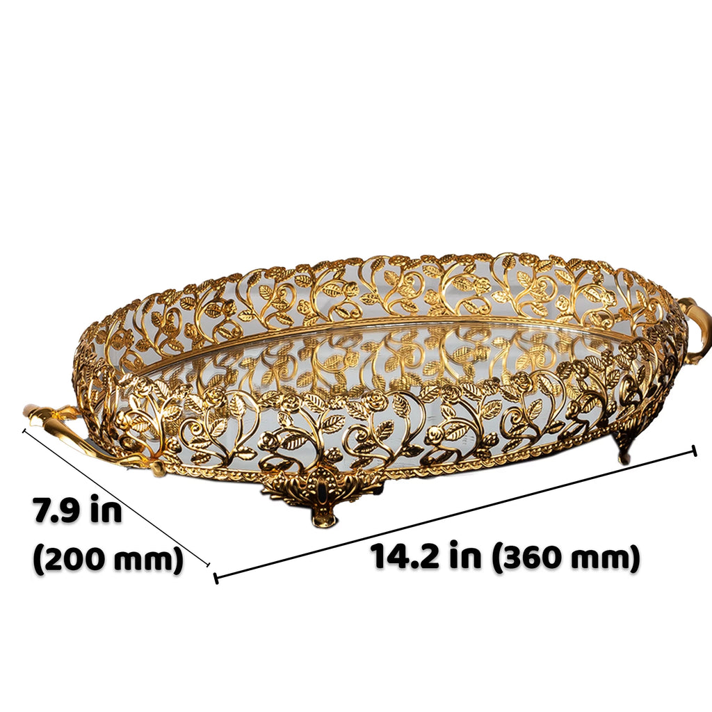 Metal Handmade Filigree Mirrored Tray for Vanity, 17.3" x 10.2" V419204